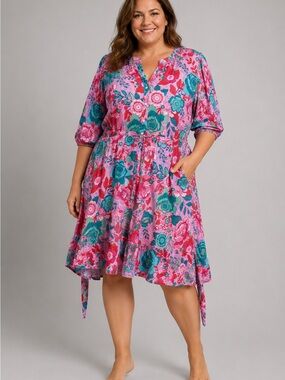Talbots Plus Pink Floral Dress with Teal and Red Accents